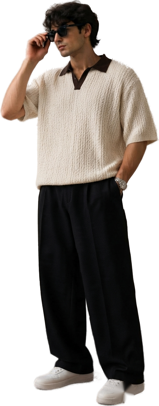 NIKHATU model wearing the knit polo edit